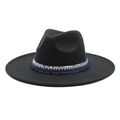 Detail of black fedora hat featuring ethnic blue fringe and gold sequined decorative band - M (56-58cm) / Black