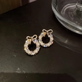 Golden bow stud earrings featuring white pearls and crystals with hollow ring design - Gold Bowknot Hoop Pearl Style (41#)