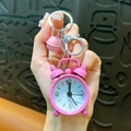 Creative pink mini alarm clock keychain accessory with metal keyring and bell pendant - Pink