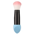Dual-head makeup brush with pink blush bristles and blue teardrop beauty sponge - Slanted Cut / Blue