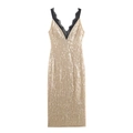 Funkelndes champagner gold Paillettenkleid mit V-Ausschnitt und schwarzer Spitze - XS / Gold