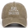 Detail of white Big Brother embroidery and stitching on a khaki washed cotton baseball cap - Khaki