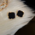 French vintage style square black enamel earrings with small crystal rhinestones - Black Gold Luxury Square Rhinestone Studs