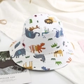 Kids white cotton bucket hat with colorful animal print featuring lions and giraffes - Kids / White Elephant
