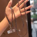 Luxury dark brown rhinestone cell phone wrist strap lanyard with silver metal clip - Crossbody Full Rhinestone Lanyard + Metal Patch + Silver Round Buckle / Gray