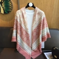 Pink and beige patterned cotton linen scarf draped on a hanger with indoor background - 130*130cm / Pink Beige Pattern (MZF-095-Pink)