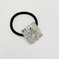 Minimalist elastic hair tie with silver hammered metal square bead in black finish - Shiny Silver - Square