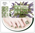 Close-up of green toenail stickers with gold foil and shell fragments on feet - Dark Green Gold Foil Shell Style (QYJ21-031)