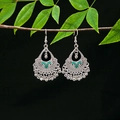 Detailed view of silver ethnic drop earrings with green enamel and beaded tassels - Silver Green Hollow Bead String(E4967-4)