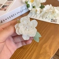 Elegant white tulip hair clip with green leaves and golden metal clamp for women - Camellia Duckbill Clip