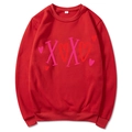 Red crewneck sweatshirt featuring pink XOXO heart print pattern and long sleeves - S / Top (312) / Red