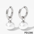 Silver stainless steel hoop earrings with large white imitation pearl pendant drops - Silver Pearl Pendant Style (PD1386)
