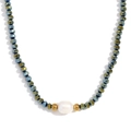 Dark crystal beaded necklace with freshwater pearl and golden accents for women - Electroplated Gold Blue