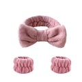 Pink plush headband set with bow and wristbands for facial washing and makeup - Dusty Rose Headband & Wristbands Set