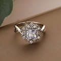 Luxury 18k gold plated geometric open ring with square zircon and floral halo design - Adjustable Open / Silver