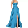 Detalle de vestido de dama de honor en satén azul cerceta con abertura lateral y bolsillos - S / Vestidos / Azul