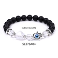 Hamsa Hand and Evil Eye charm bracelet with clear quartz and black matte beads - Clear Quartz