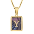 Square gold stainless steel necklace with blue shell inlay and golden initial Y pendant - Colorful Shell Y