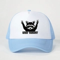 Close-up of Raccoon Stay Trashy print on breathable blue and white mesh trucker hat - One Size / Sky Blue