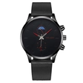 All-black men's quartz watch with Milanese mesh strap and red hands on sun-moon dial - Red Hands Black Strap