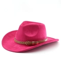 Detail van roze western cowboyhoed in suède met bruine leren riem en een hartvormige gesp - M(56-58cm) / Rozerood