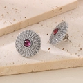 Detailed macro view of silver sunburst earrings with purple stones and white rhinestones - Steel Purple (KE116357-KFC)
