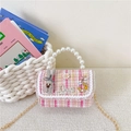 Pink tweed girls' crossbody bag with pearl handle and cute bunny rabbit patches - Rose Red Rabbit