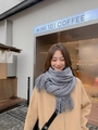 Grey thick tassel wool scarf for winter, soft cashmere feel wrap shown on model - 260g Wool Blend Style / Medium Grey