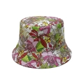 Detail van tropische print en fijn stiksel op een stoffen zonnehoed voor dames - Wit Met Roze en Groene Bloemenstijl (A)