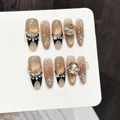 Handgemaakte kunstnagels met roze-blauw kleurverloop, luxe kristallen kroon en 3D-vlinder - Extra Klein (XS) / Roze Blauw Gradiënt Lange Ovaal