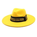 Detail of yellow wool felt fedora featuring a wide black band and bold gold chain accent - M (56-58cm) / Yellow