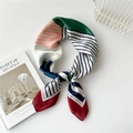 Silk-like square scarf featuring geometric patchwork in green, coral, and navy blue - 70cm / Burgundy Edge Thick Thin Stripes