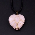 Pink crystal heart necklace with golden tree of life wire wrap and black cord - Rose Quartz (Gold)
