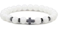 Detail shot of white beaded bracelet featuring a black hematite cross and metal spacers - Porcelain White