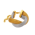 Close-up of two-tone gold and silver mesh woven bracelet with adjustable lobster clasp - Tri-color Bracelet
