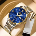 Montre quartz homme avec bracelet or-argent, cadran bleu et affichage calendrier lumineux - Bracelet Or Cadran Bleu