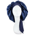 Detail of navy blue satin sleep bonnet with wide elastic band and long ties on model - Navy Blue