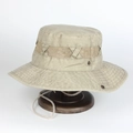 Outdoor khaki sun hat with breathable mesh and chin strap on a wooden stand - Adjustable / Beige