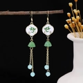 Vintage Chinese style long tassel earrings with green bamboo leaf enamel in gold finish - Green Bamboo Leaf Enamel Flower Bud Tassel (E5276)