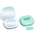 Mint green portable LED makeup mirror with battery compartment and 2 CR2032 lithium batteries - 5X Magnification / Battery Powered / Green