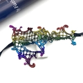 Colorful metallic lace eye mask for Halloween party, unique asymmetric design, stunning costume prop. - Colorful