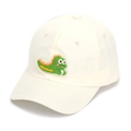Detail of cute green dragon patch and embroidered Dragon text on beige kids baseball cap - 52-54cm / Off White