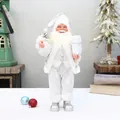 Statuetta Babbo Natale in bianco e argento con sacco di regali e scatola, altezza 46cm - Argento Bianco in Piedi (YJ29003)