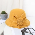 Elegant ginger yellow wool felt cloche hat with handcrafted floral decoration for women - M / Four-leaf Rose / Yellow