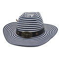 Detail of western straw hat with blue stripes and longhorn bull head metal buckle - One Size(56-58cm) / Navy & White with Windproof Rope (Star Bull Head)