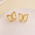 Detailed view of yellow butterfly stud earrings with crystal facets and gold plating - Yellow (9#)