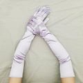 Close-up of elegant lavender long satin stretch gloves for 1920s vintage party cosplay - One Size / Light Purple
