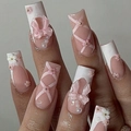 Pink and white long coffin press-on nails with 3D bows, flowers, and pearl accents - Bz1453 Pulse Book / Jelly Glue + Nail File