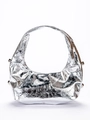 Silver metallic shoulder bag with rivet accents and pleated texture for women - Silver