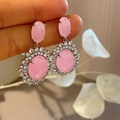 Orecchini di lusso con pietra occhio di gatto rosa, zirconi e montatura vintage - Orecchini con perno in argento S925 / Ovale rosa ibisco